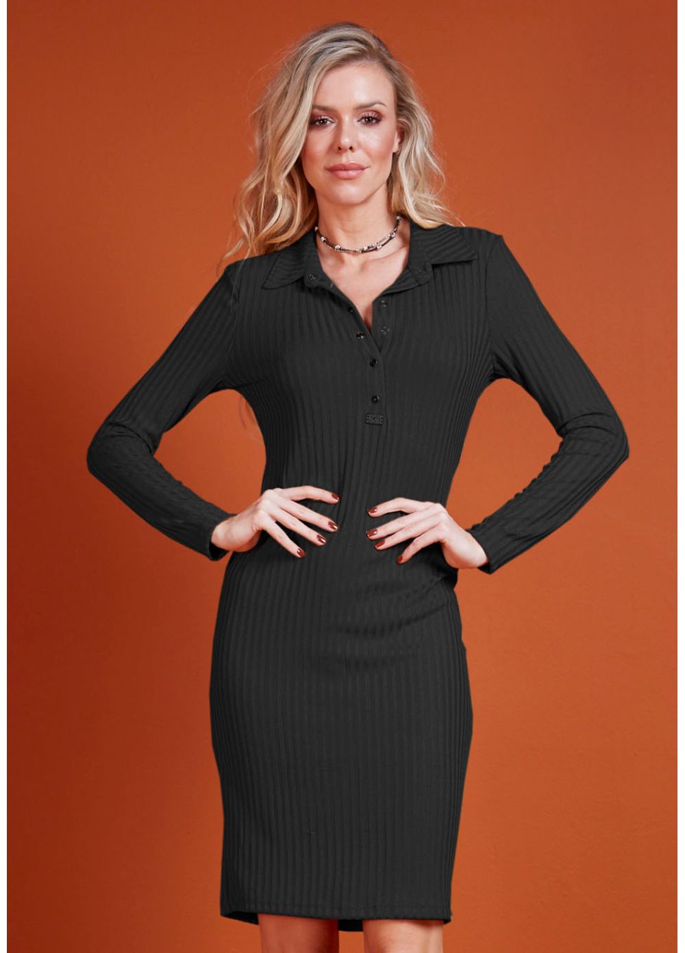 Vestido Malha Canelada Manga Longa Moikana